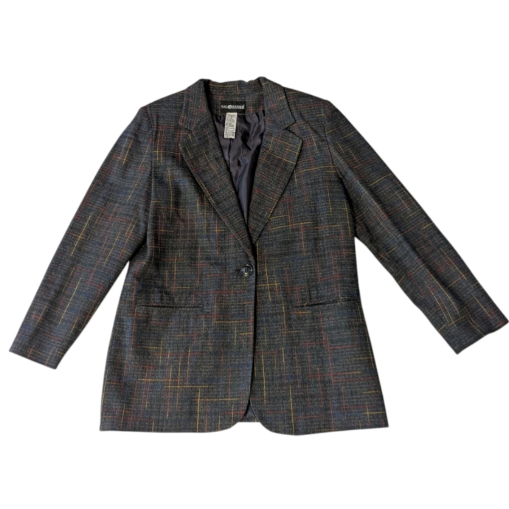 VTG 90s Sag Harbor Plaid Estilo Wool Blend Single Breast Pockets Lined Blazer
